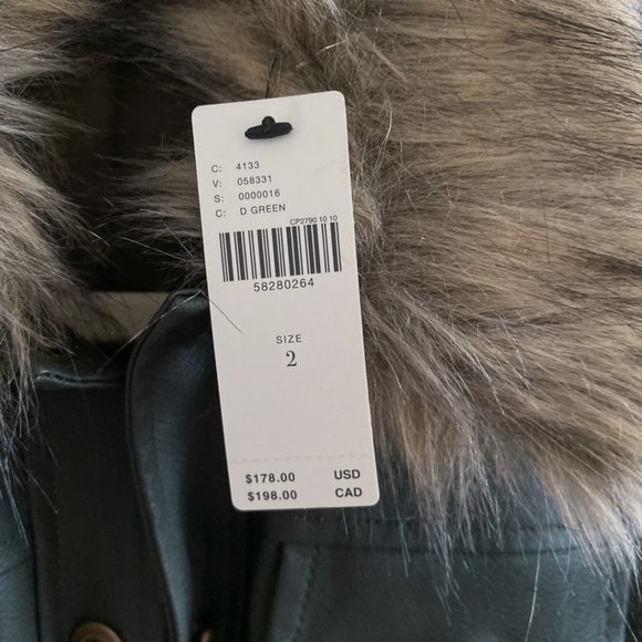 NWT 🔖 Anthropologie Green Faux Leather Jacket w/ Removable Faux Fur Collar - Picture 11 of 16